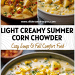 Bowl of Summer Corn Chowder (Light) filled with fresh corn, potatoes, and creamy broth.